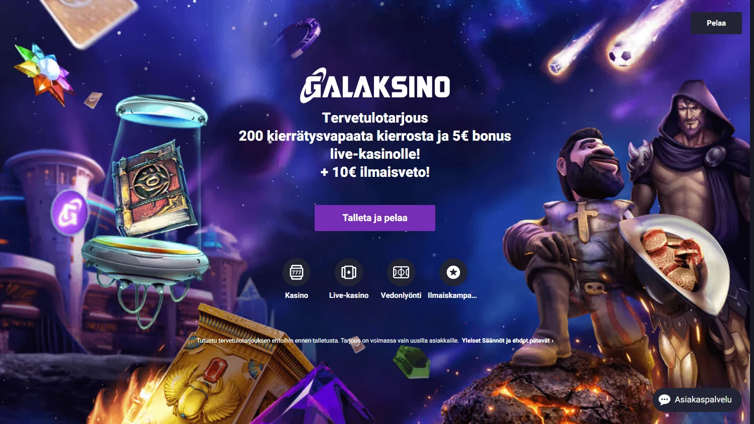 Galaksinon suomenkielinen etusivu, jossa näkyvät avaruusteema ja eri pelialueet