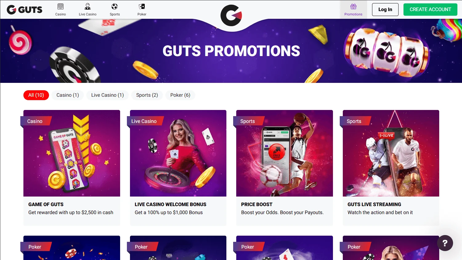 Gutsin englanninkielinen kampanjasivu ja kasinon, livekasinon, urheilun sekä pokerin suodattimet