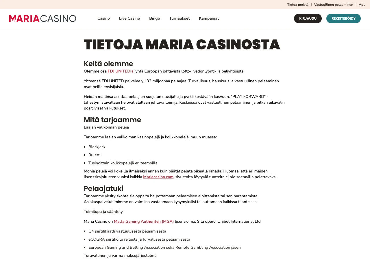 Maria Casinon Tietoja Maria Casinosta -sivu, jossa on konsernia ja palvelua käsittelevää tekstiä