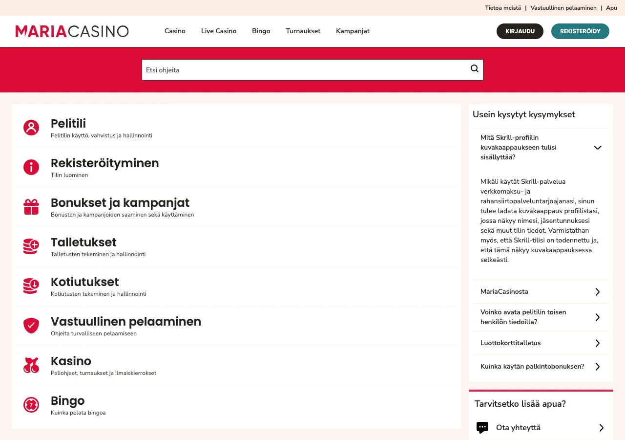 Maria Casinon ohjesivu, jossa on avattu Skrill-profiilin kuvakaappausta koskeva kysymys