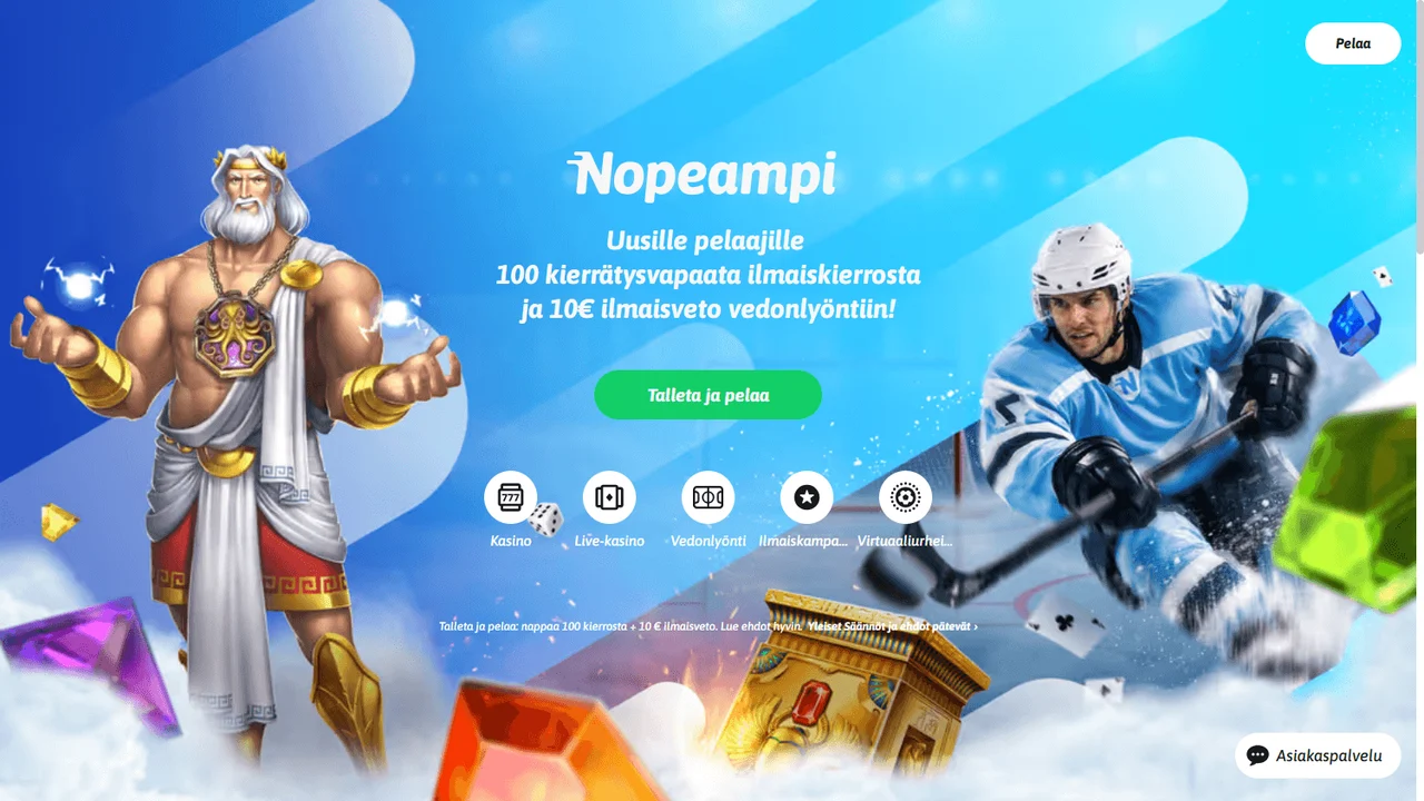 Nopeampi-kasinon sininen etusivu, jossa on tervetuliaistarjous ja asiakaspalvelupainike