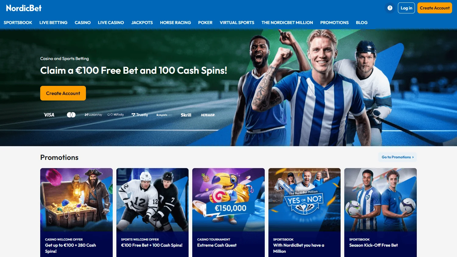 Nordicbetin englanninkielinen etusivu, jossa urheiluaiheinen kuva ja pelialueiden valikko