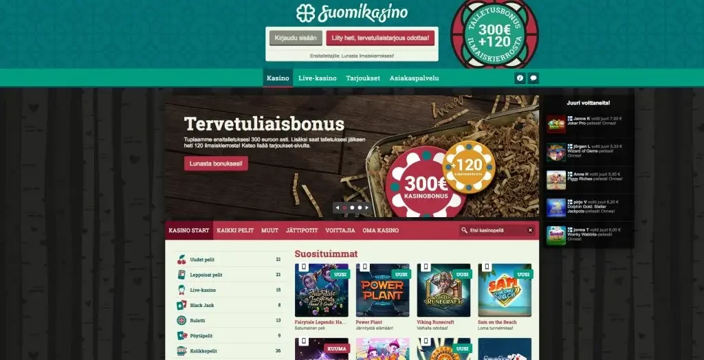 Suomikasinon etusivusta tallennettu näkymä, jossa näkyvät brändi, tarjousalue ja asiakaspalveluvalikko