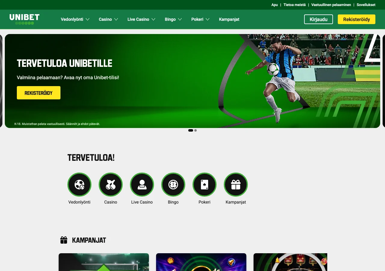 Unibetin suomenkielinen etusivu, jossa kasinopelit ja vedonlyönti ovat saman valikon alla