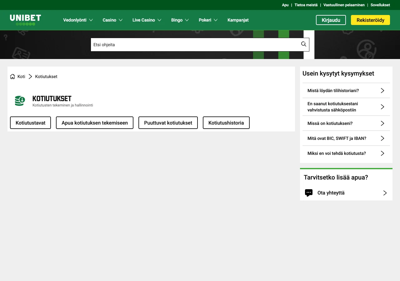 Unibetin kotiutusohjeiden valikko, jossa on puuttuvien kotiutusten ja kotiutushistorian ohjeet