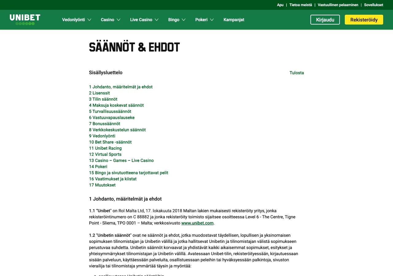 Unibetin suomenkielisten käyttöehtojen sisällysluettelo ja yritystä koskeva johdanto