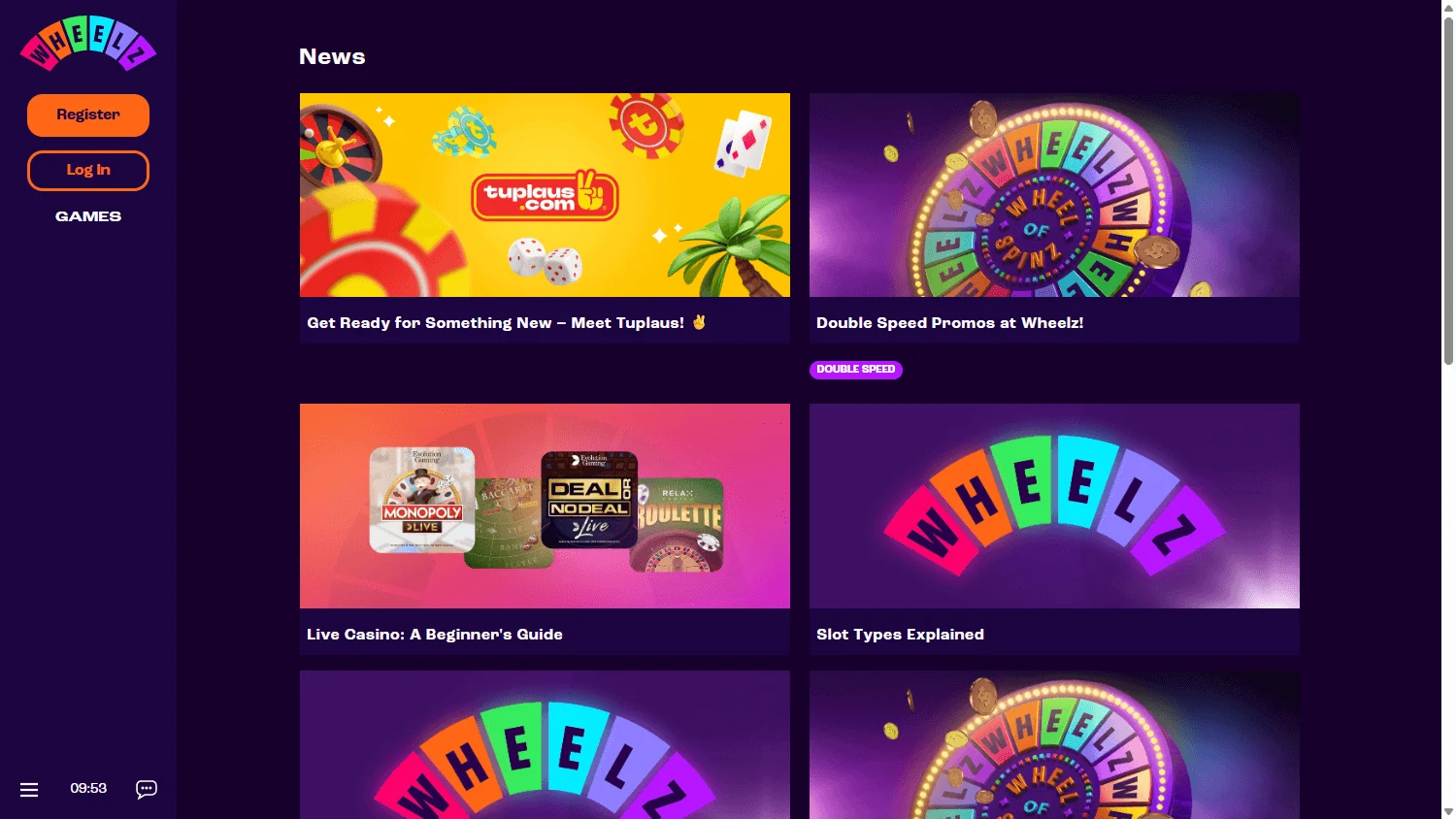 Wheelzin uutisnäkymä, jossa on Wheel of Spinz -aiheinen kampanjakuva ja erillisiä pelioppaita
